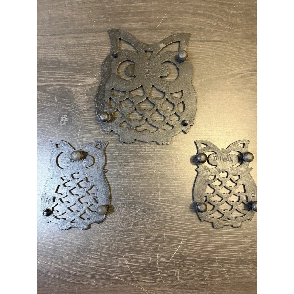 Vintage Set Of 3 Cast Iron Owl Trivets Hot Plates Taiwan Black 5